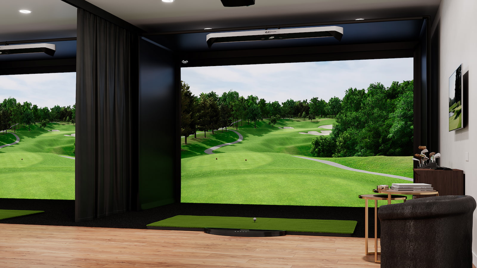 commercial golf simulator space with GCHawks and curtain dividing space