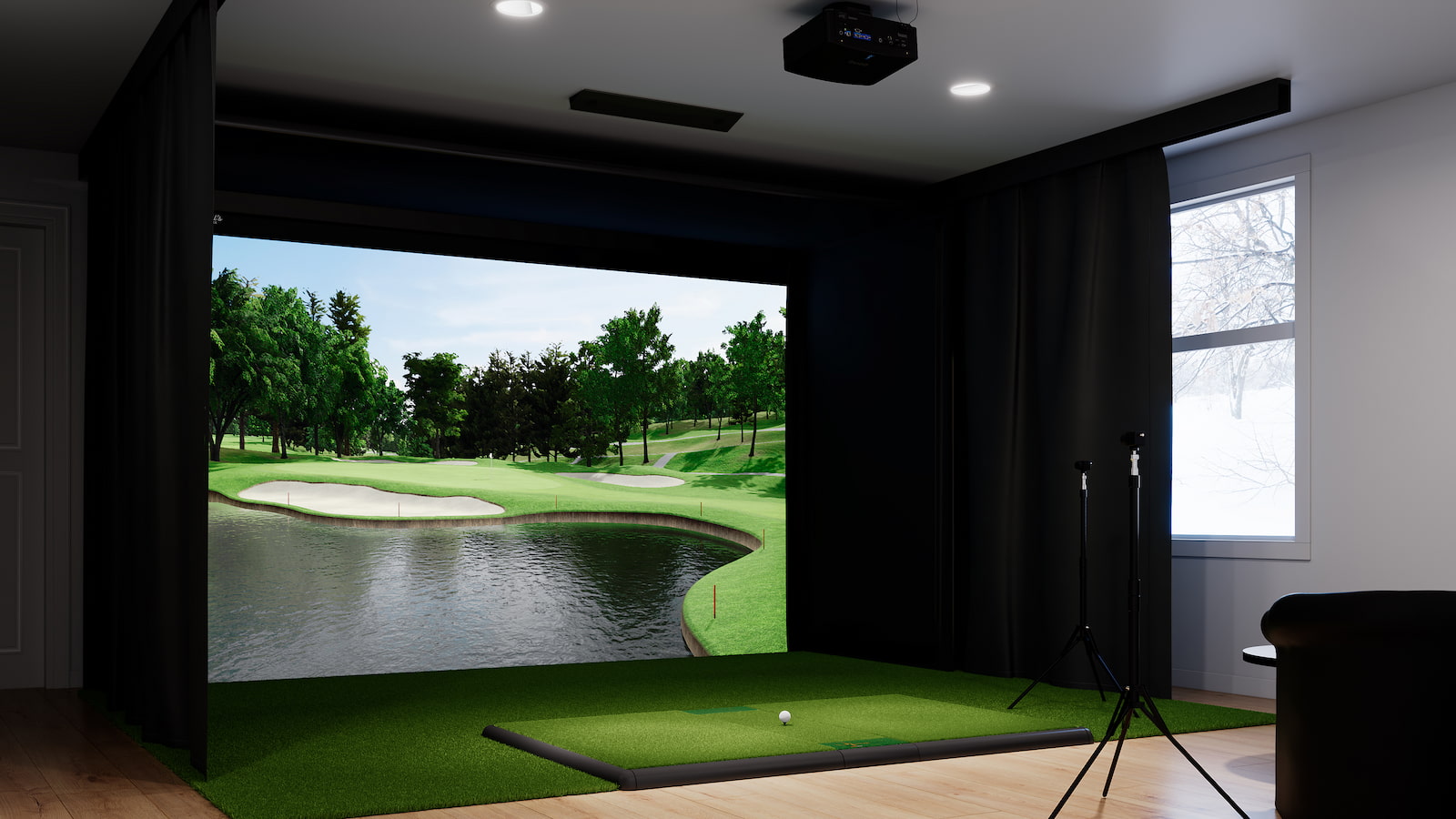 golf simulator with black curtain blocking window